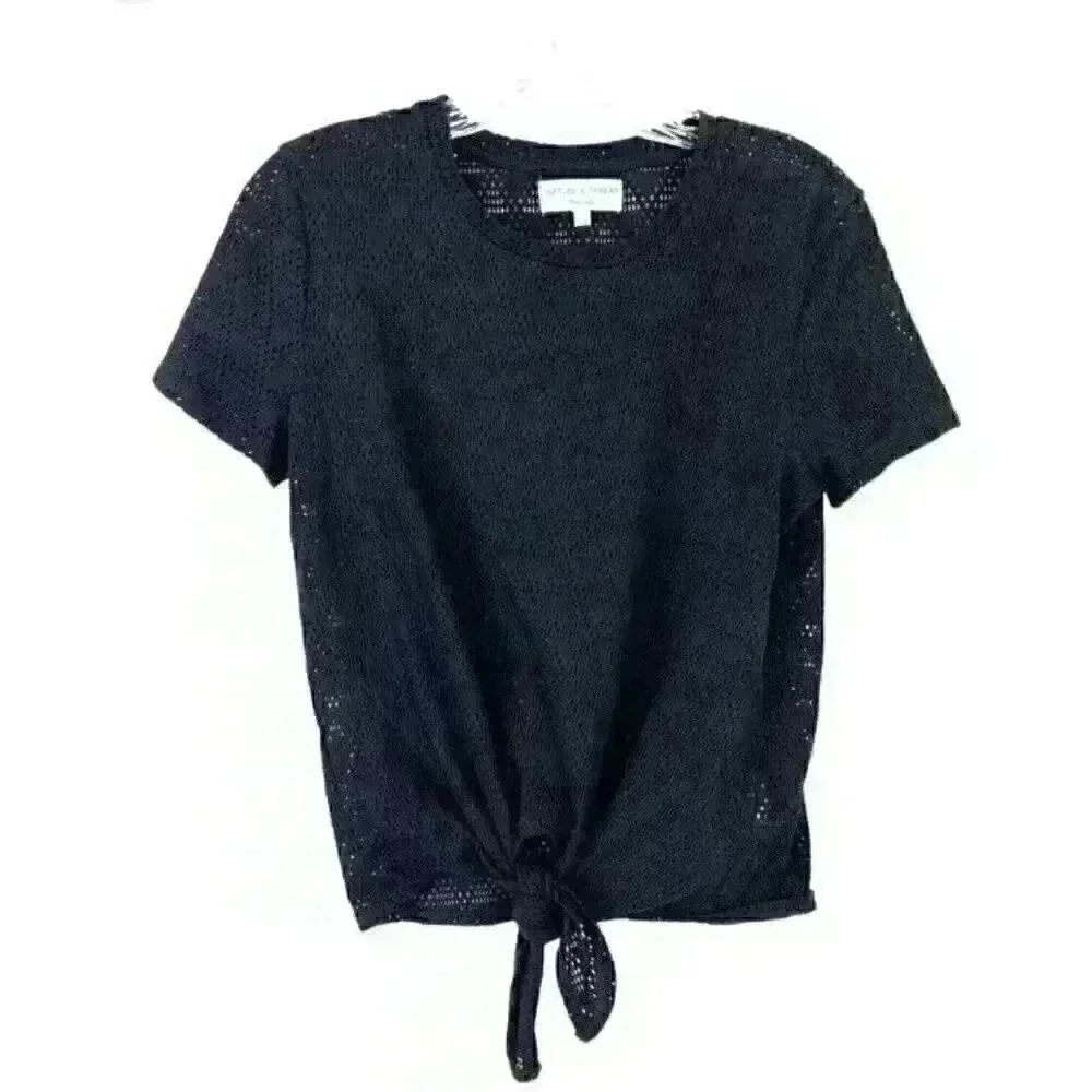 NWT Madewell Woman’s Black Texture and Thread Tie Front Knit Shirt Size XS